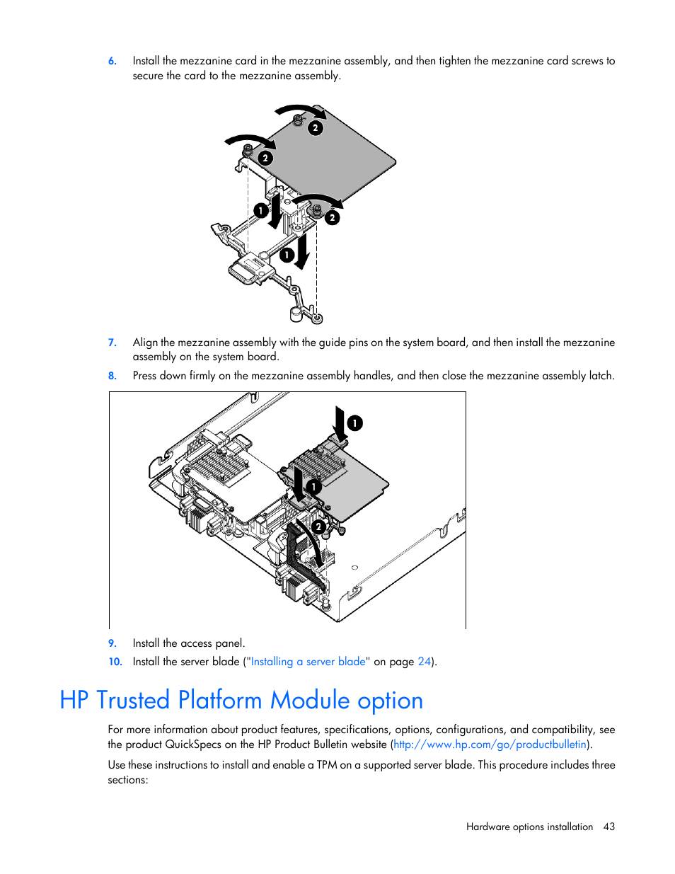 Hp trusted platform module option | HP ProLiant BL660c Gen8 Server Blade User Manual | Page 43 / 82