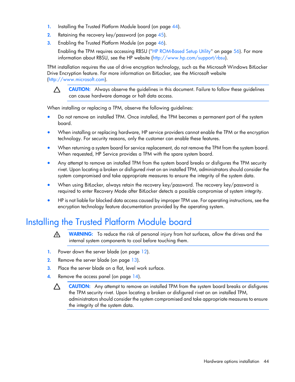 Installing the trusted platform module board | HP ProLiant BL660c Gen8 Server Blade User Manual | Page 44 / 82