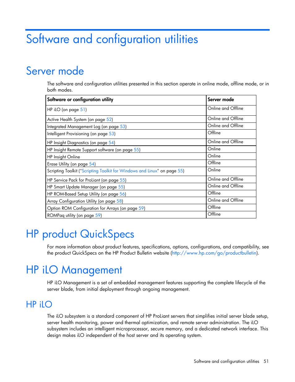 Software and configuration utilities, Server mode, Hp product quickspecs | Hp ilo management, Hp ilo | HP ProLiant BL660c Gen8 Server Blade User Manual | Page 51 / 82