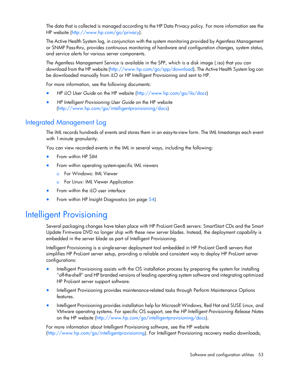 Integrated management log, Intelligent provisioning | HP ProLiant BL660c Gen8 Server Blade User Manual | Page 53 / 82