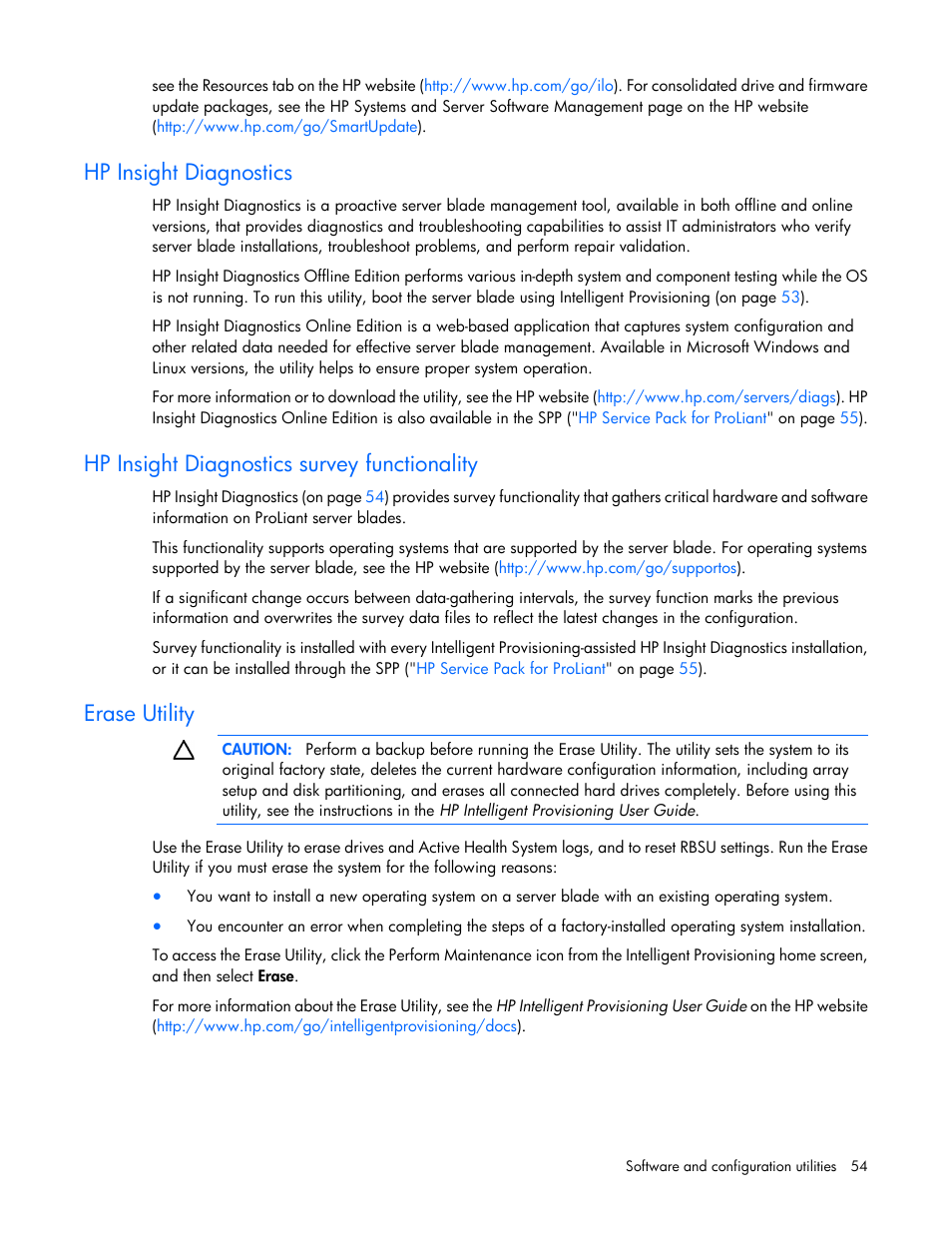 Hp insight diagnostics, Hp insight diagnostics survey functionality, Erase utility | HP ProLiant BL660c Gen8 Server Blade User Manual | Page 54 / 82