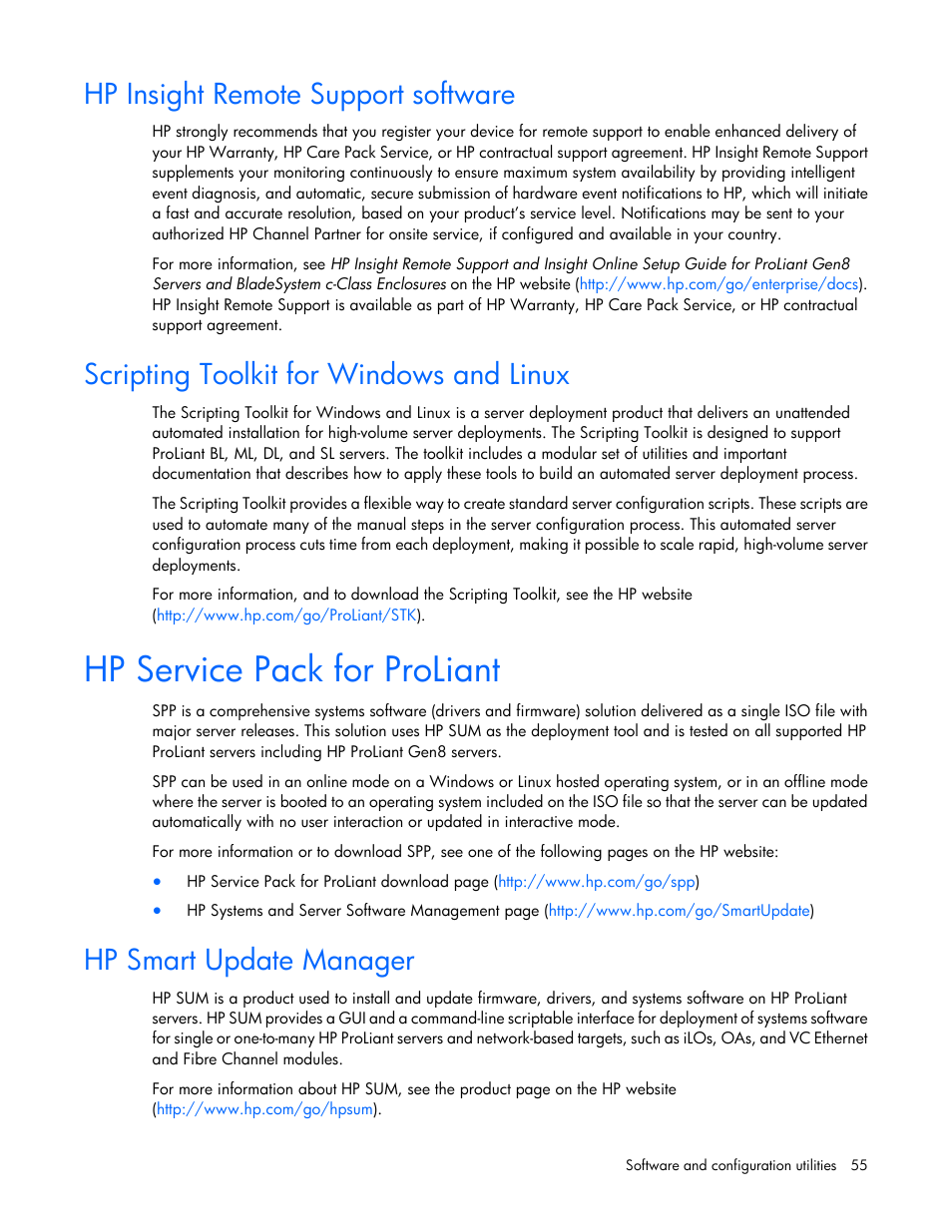 Hp insight remote support software, Scripting toolkit for windows and linux, Hp service pack for proliant | Hp smart update manager | HP ProLiant BL660c Gen8 Server Blade User Manual | Page 55 / 82