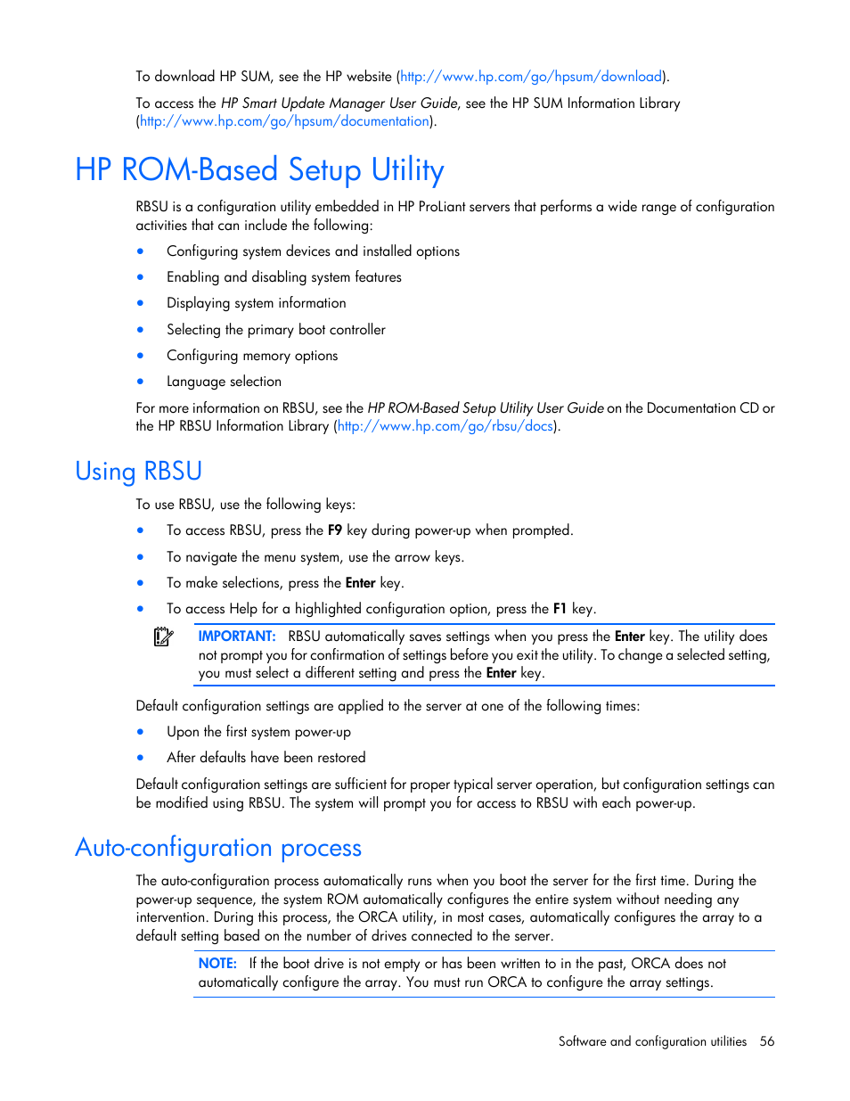 Hp rom-based setup utility, Using rbsu, Auto-configuration process | HP ProLiant BL660c Gen8 Server Blade User Manual | Page 56 / 82