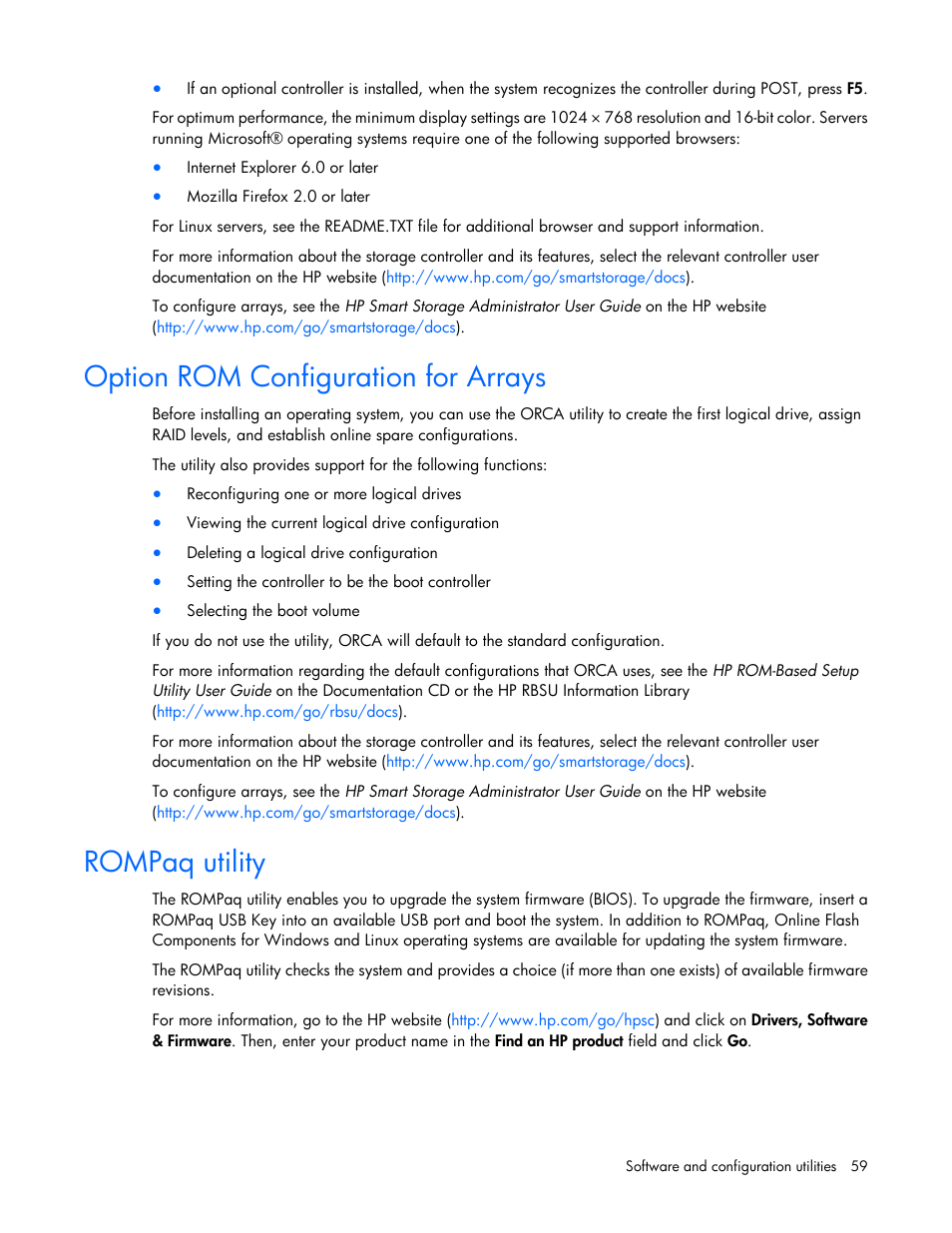 Option rom configuration for arrays, Rompaq utility | HP ProLiant BL660c Gen8 Server Blade User Manual | Page 59 / 82
