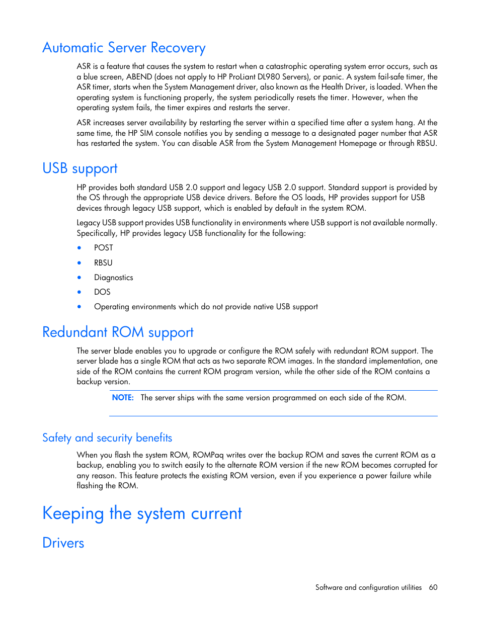 Automatic server recovery, Usb support, Redundant rom support | Safety and security benefits, Keeping the system current, Drivers | HP ProLiant BL660c Gen8 Server Blade User Manual | Page 60 / 82