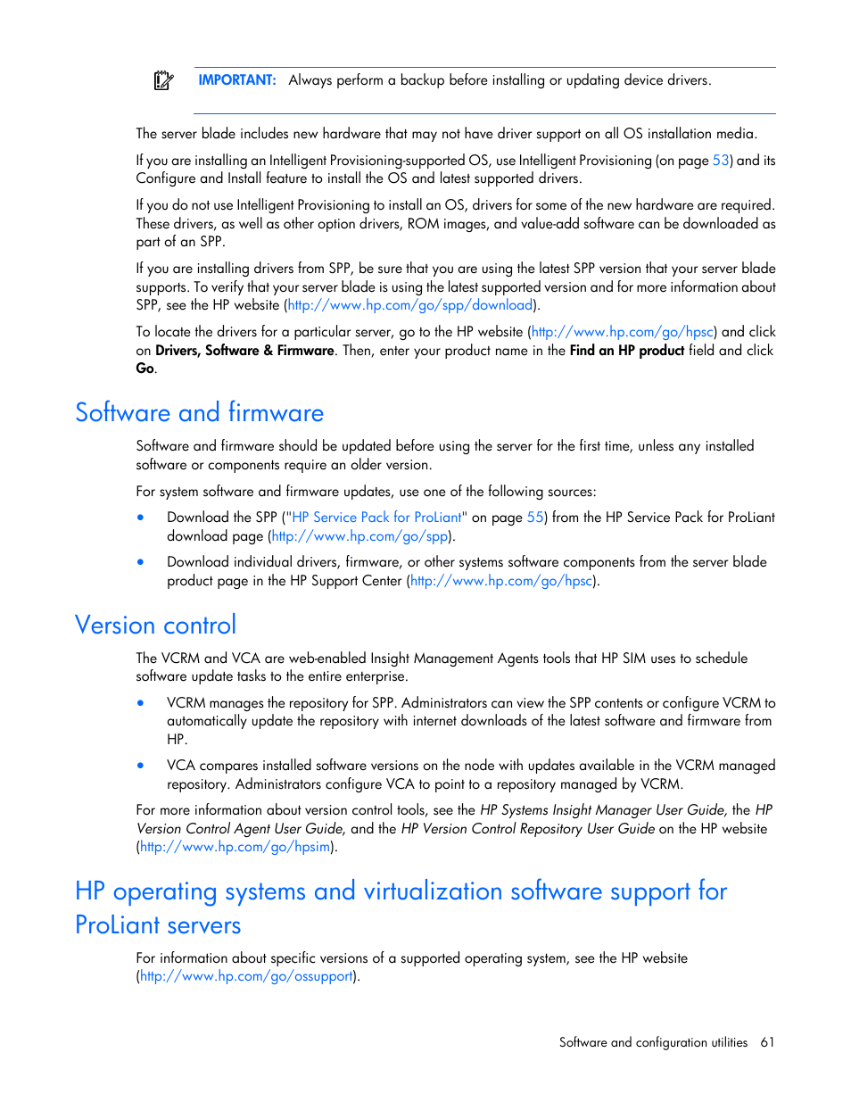 Software and firmware, Version control | HP ProLiant BL660c Gen8 Server Blade User Manual | Page 61 / 82