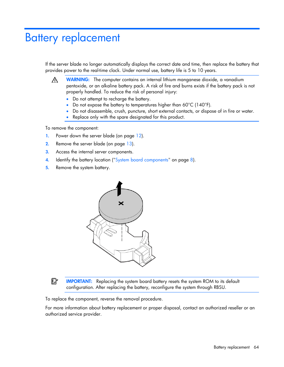 Battery replacement | HP ProLiant BL660c Gen8 Server Blade User Manual | Page 64 / 82