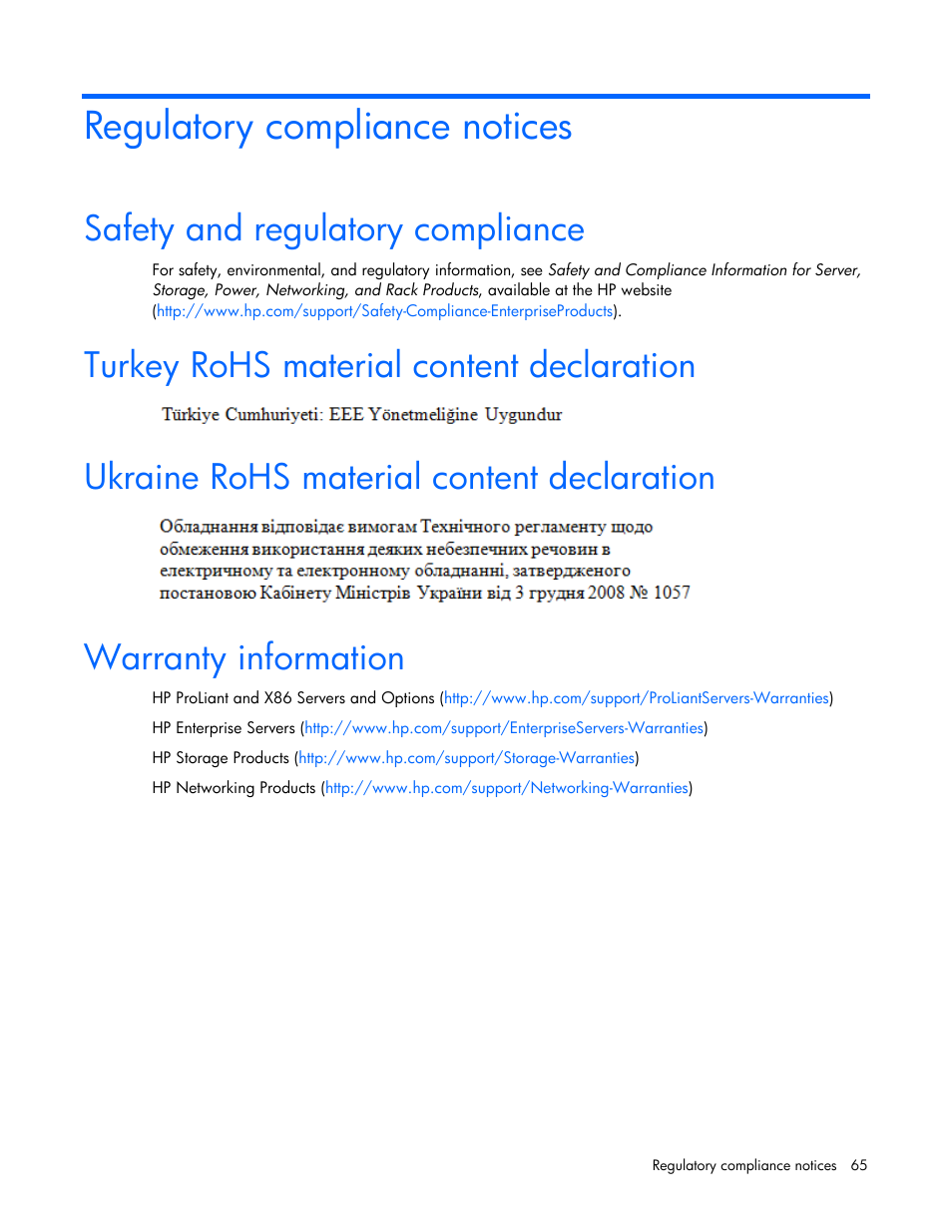 Regulatory compliance notices, Safety and regulatory compliance, Turkey rohs material content declaration | Ukraine rohs material content declaration, Warranty information | HP ProLiant BL660c Gen8 Server Blade User Manual | Page 65 / 82