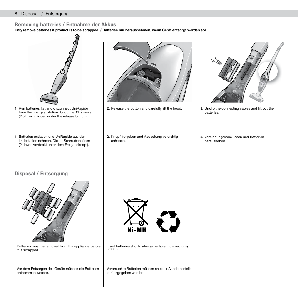 Removing batteries / entnahme der akkus, Disposal / entsorgung | AEG AG803 User Manual | Page 10 / 34
