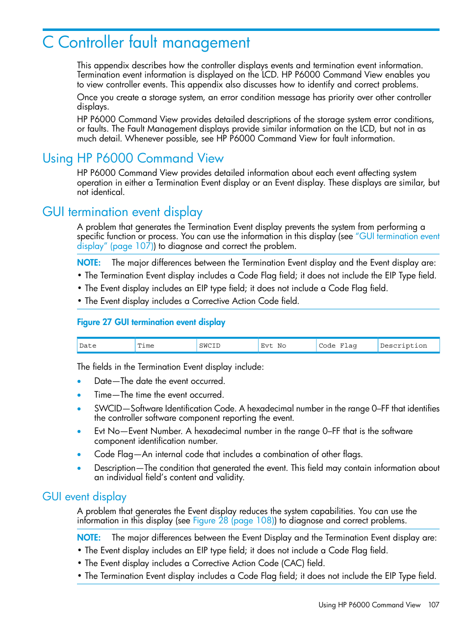C controller fault management, Using hp p6000 command view, Gui termination event display | Gui event display | HP 6400.8400 Enterprise Virtual Array User Manual | Page 107 / 150