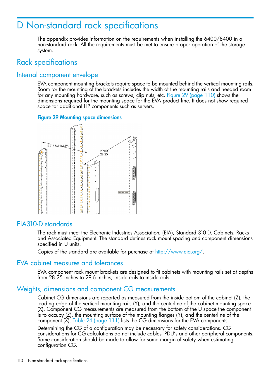 D non-standard rack specifications, Rack specifications, Internal component envelope | Eia310-d standards, Eva cabinet measures and tolerances, Weights, dimensions and component cg measurements | HP 6400.8400 Enterprise Virtual Array User Manual | Page 110 / 150