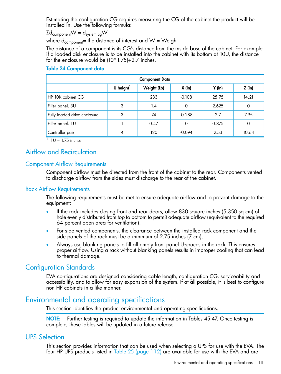 Airflow and recirculation, Component airflow requirements, Rack airflow requirements | Configuration standards, Environmental and operating specifications, Ups selection | HP 6400.8400 Enterprise Virtual Array User Manual | Page 111 / 150