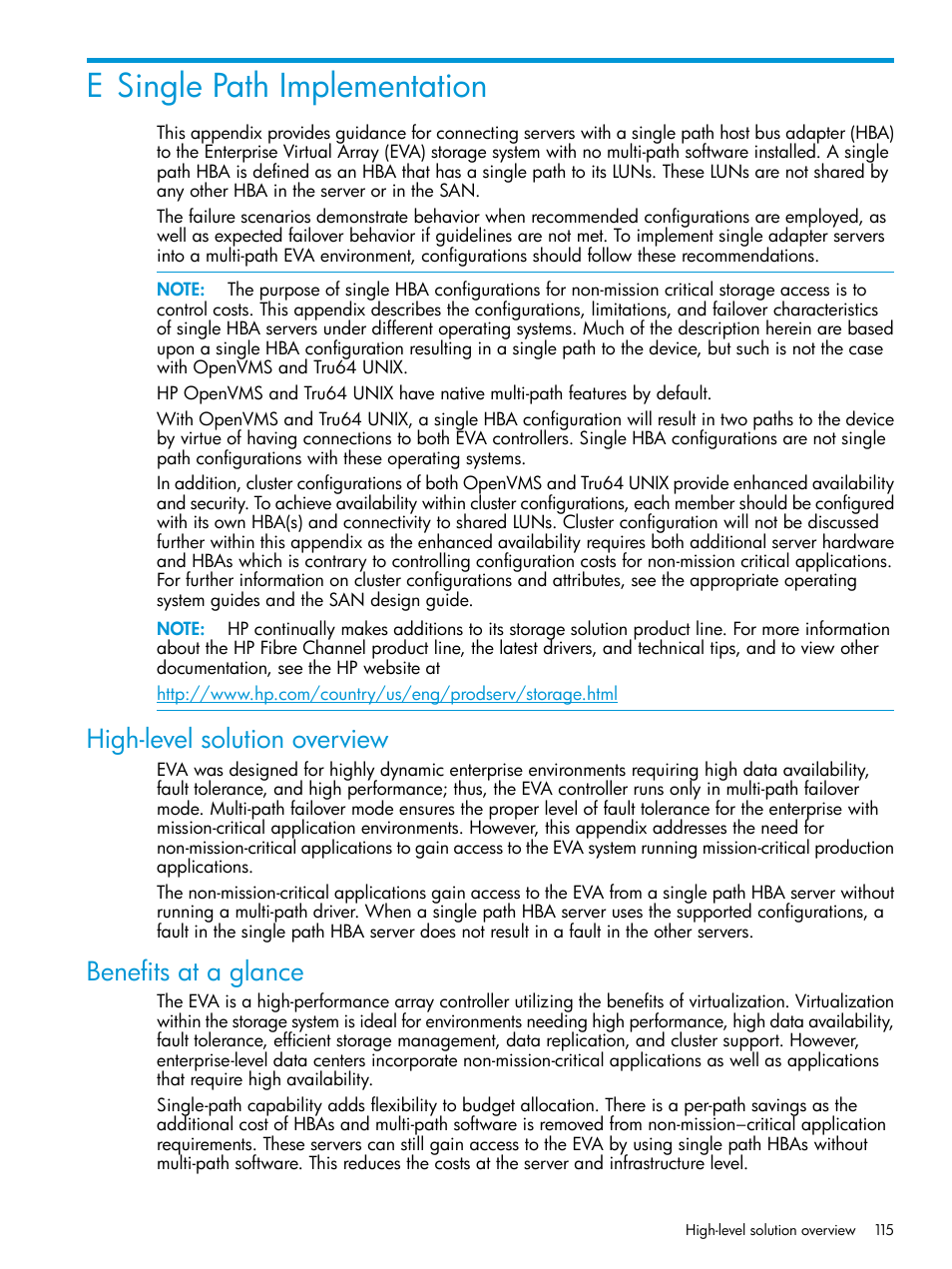 E single path implementation, High-level solution overview, Benefits at a glance | High-level solution overview benefits at a glance | HP 6400.8400 Enterprise Virtual Array User Manual | Page 115 / 150