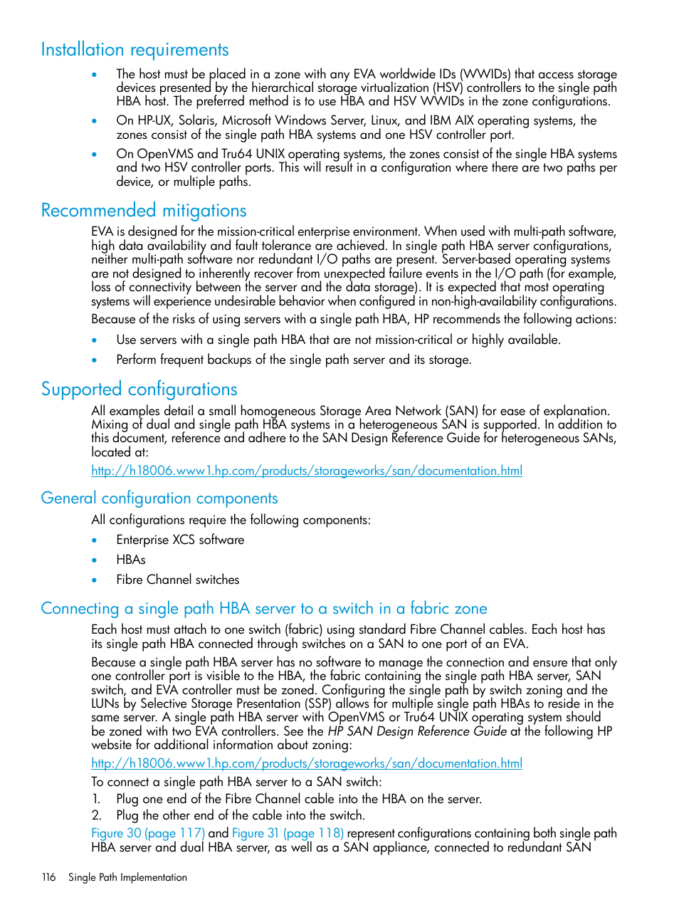 Installation requirements, Recommended mitigations, Supported configurations | General configuration components | HP 6400.8400 Enterprise Virtual Array User Manual | Page 116 / 150