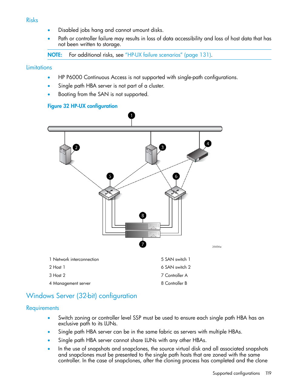 Risks, Limitations, Windows server (32-bit) configuration | Requirements, Risks limitations | HP 6400.8400 Enterprise Virtual Array User Manual | Page 119 / 150