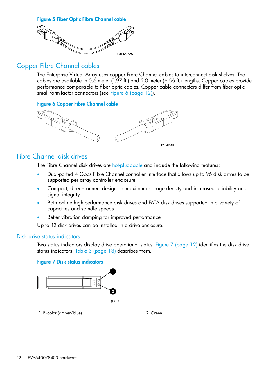 Copper fibre channel cables, Fibre channel disk drives, Disk drive status indicators | HP 6400.8400 Enterprise Virtual Array User Manual | Page 12 / 150