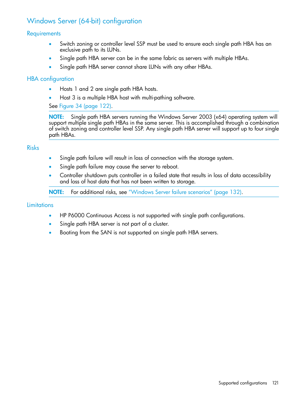 Windows server (64-bit) configuration, Requirements, Hba configuration | Risks, Limitations, Requirements hba configuration risks limitations | HP 6400.8400 Enterprise Virtual Array User Manual | Page 121 / 150