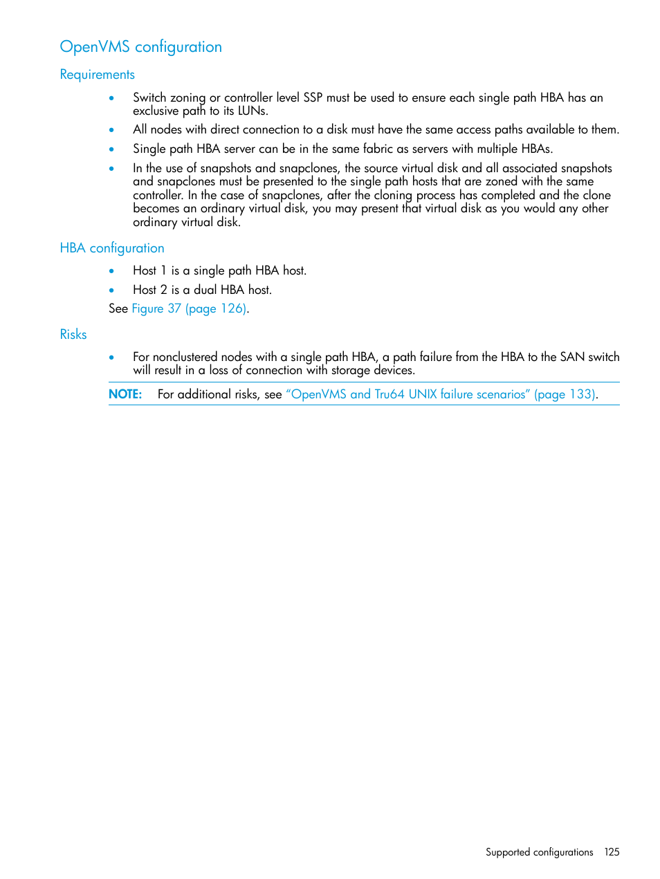 Openvms configuration, Requirements, Hba configuration | Risks, Requirements hba configuration risks | HP 6400.8400 Enterprise Virtual Array User Manual | Page 125 / 150