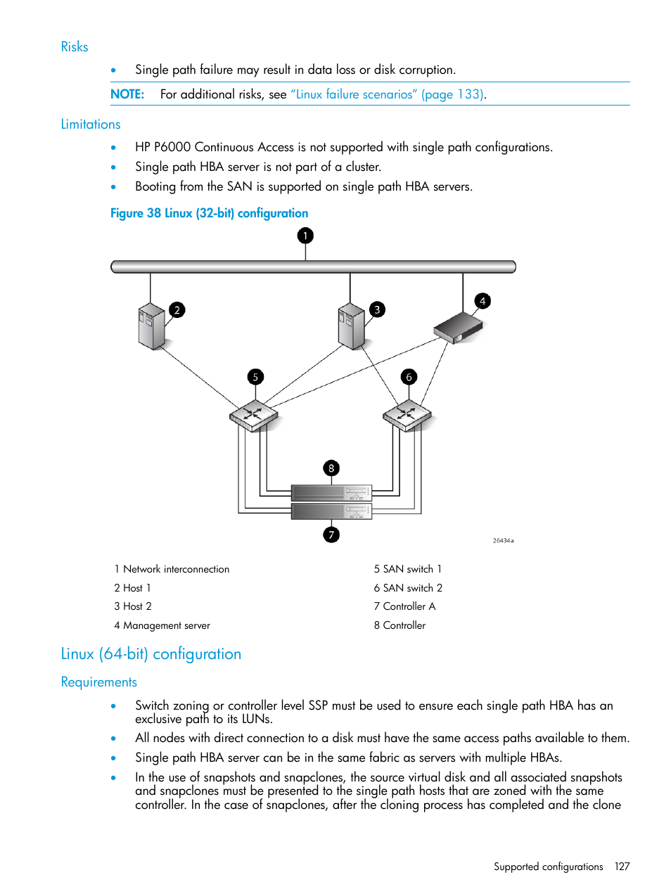 Risks, Limitations, Linux (64-bit) configuration | Requirements, Risks limitations | HP 6400.8400 Enterprise Virtual Array User Manual | Page 127 / 150
