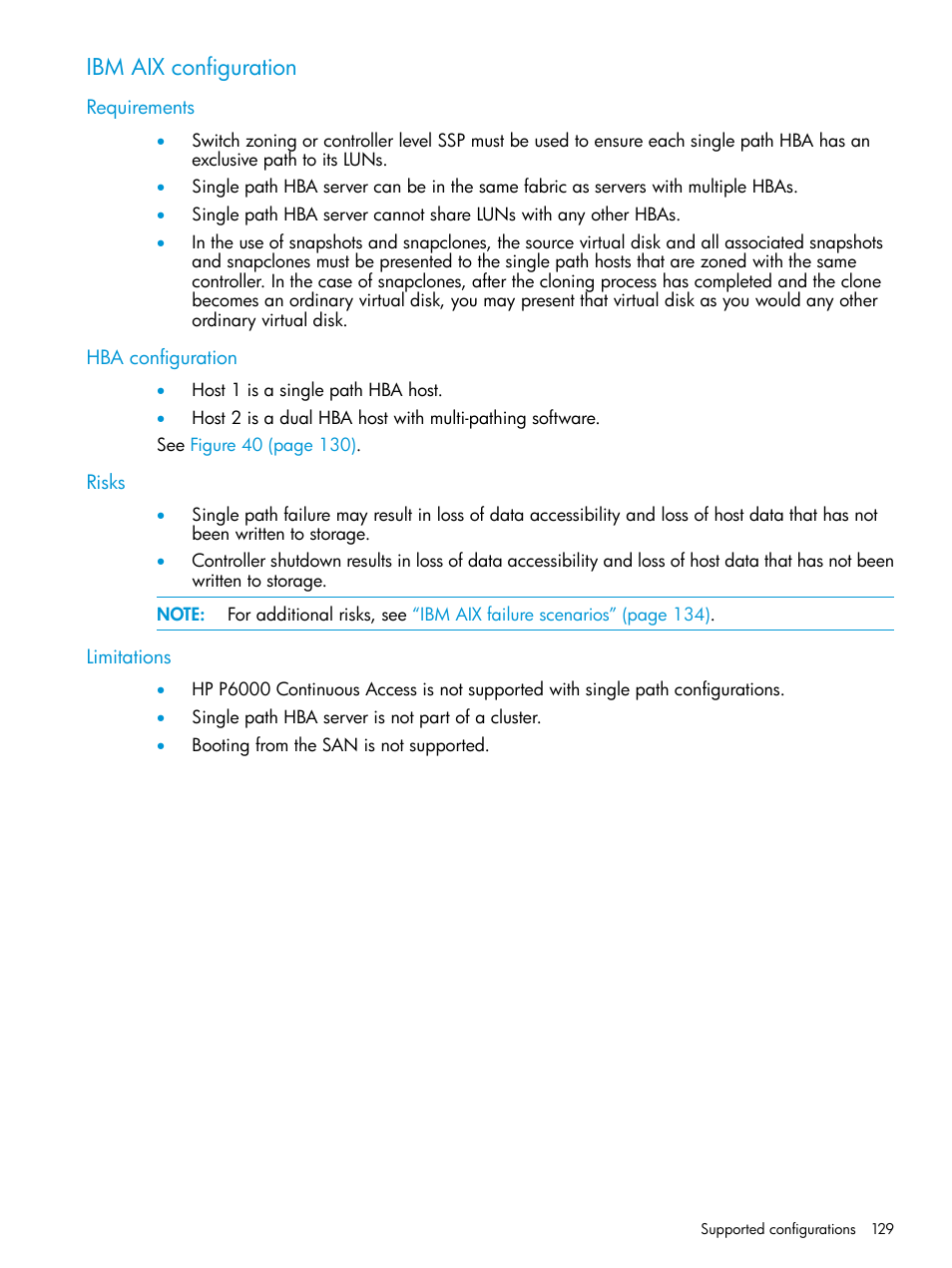 Ibm aix configuration, Requirements, Hba configuration | Risks, Limitations, Requirements hba configuration risks limitations | HP 6400.8400 Enterprise Virtual Array User Manual | Page 129 / 150