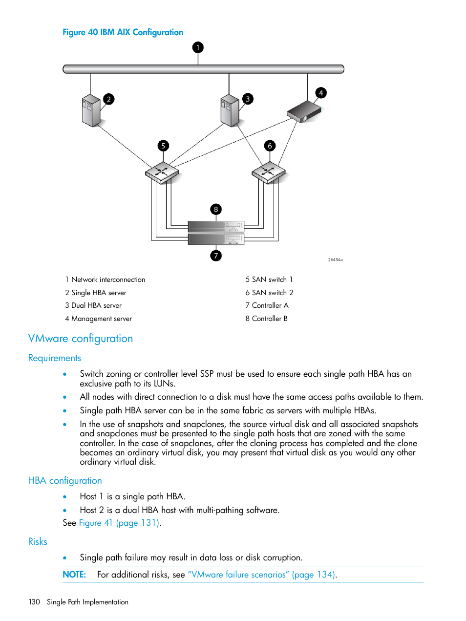 Vmware configuration, Requirements, Hba configuration | Risks, Requirements hba configuration risks | HP 6400.8400 Enterprise Virtual Array User Manual | Page 130 / 150