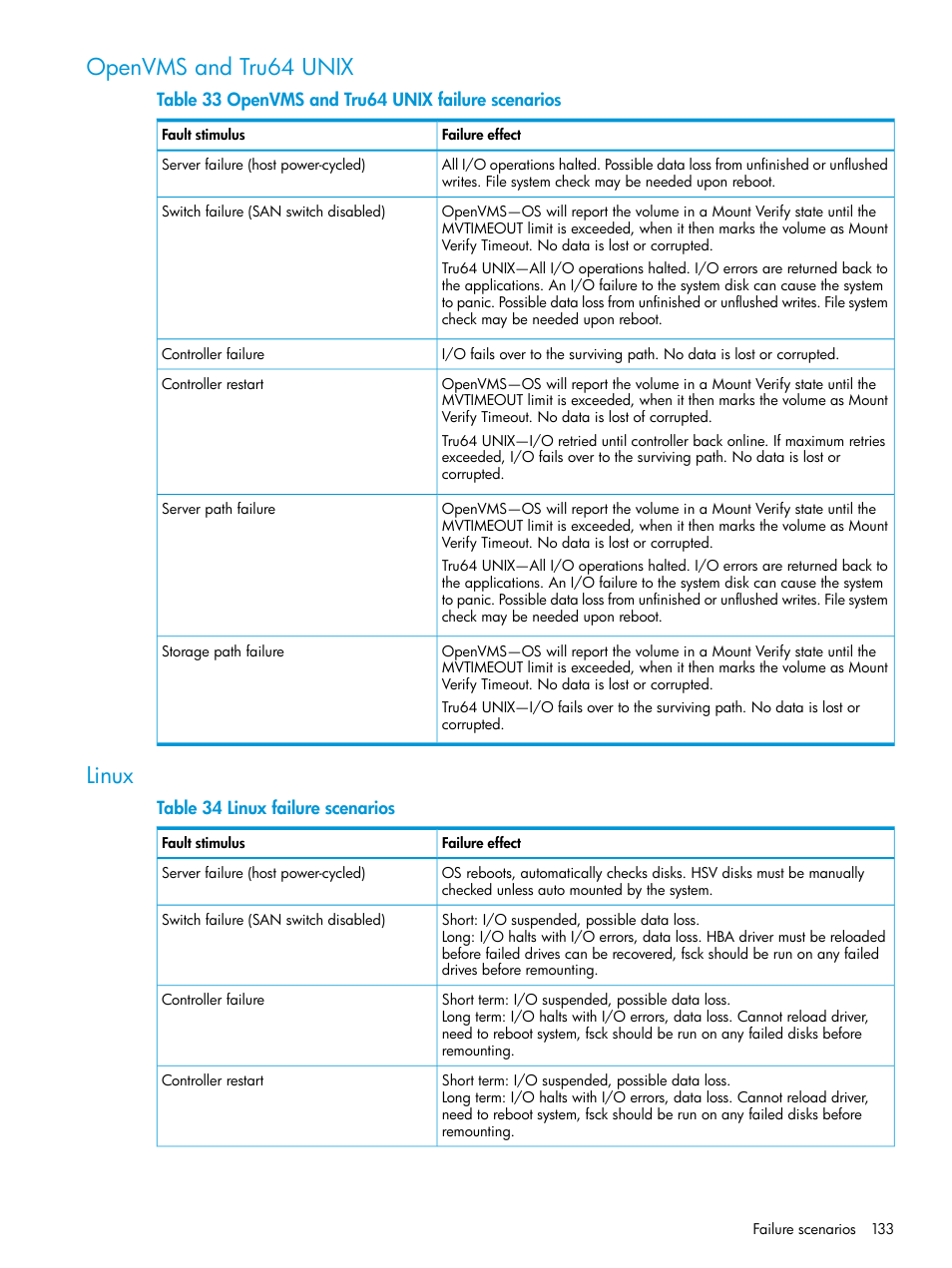 Openvms and tru64 unix, Linux, Openvms and tru64 unix linux | HP 6400.8400 Enterprise Virtual Array User Manual | Page 133 / 150