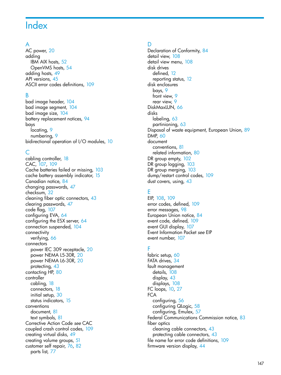 Index | HP 6400.8400 Enterprise Virtual Array User Manual | Page 147 / 150