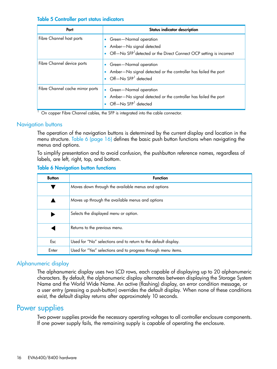 Navigation buttons, Alphanumeric display, Power supplies | Navigation buttons alphanumeric display | HP 6400.8400 Enterprise Virtual Array User Manual | Page 16 / 150