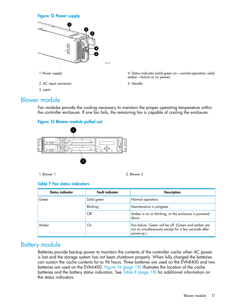 Blower module, Battery module, Blower module battery module | HP 6400.8400 Enterprise Virtual Array User Manual | Page 17 / 150