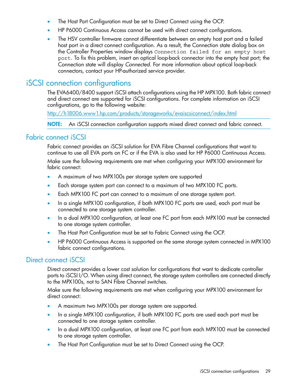 Iscsi connection configurations, Fabric connect iscsi, Direct connect iscsi | Fabric connect iscsi direct connect iscsi | HP 6400.8400 Enterprise Virtual Array User Manual | Page 29 / 150