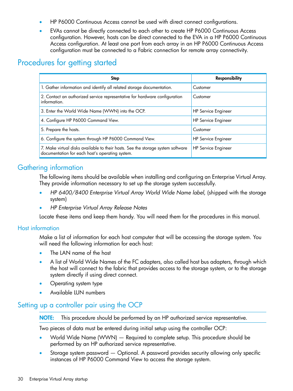 Procedures for getting started, Gathering information, Host information | Setting up a controller pair using the ocp | HP 6400.8400 Enterprise Virtual Array User Manual | Page 30 / 150