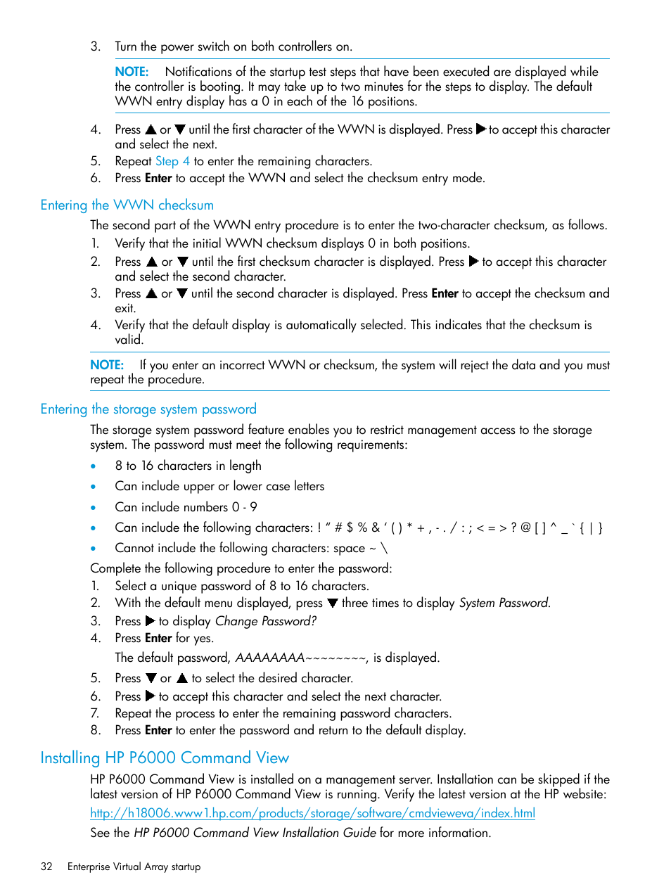 Entering the wwn checksum, Entering the storage system password, Installing hp p6000 command view | HP 6400.8400 Enterprise Virtual Array User Manual | Page 32 / 150