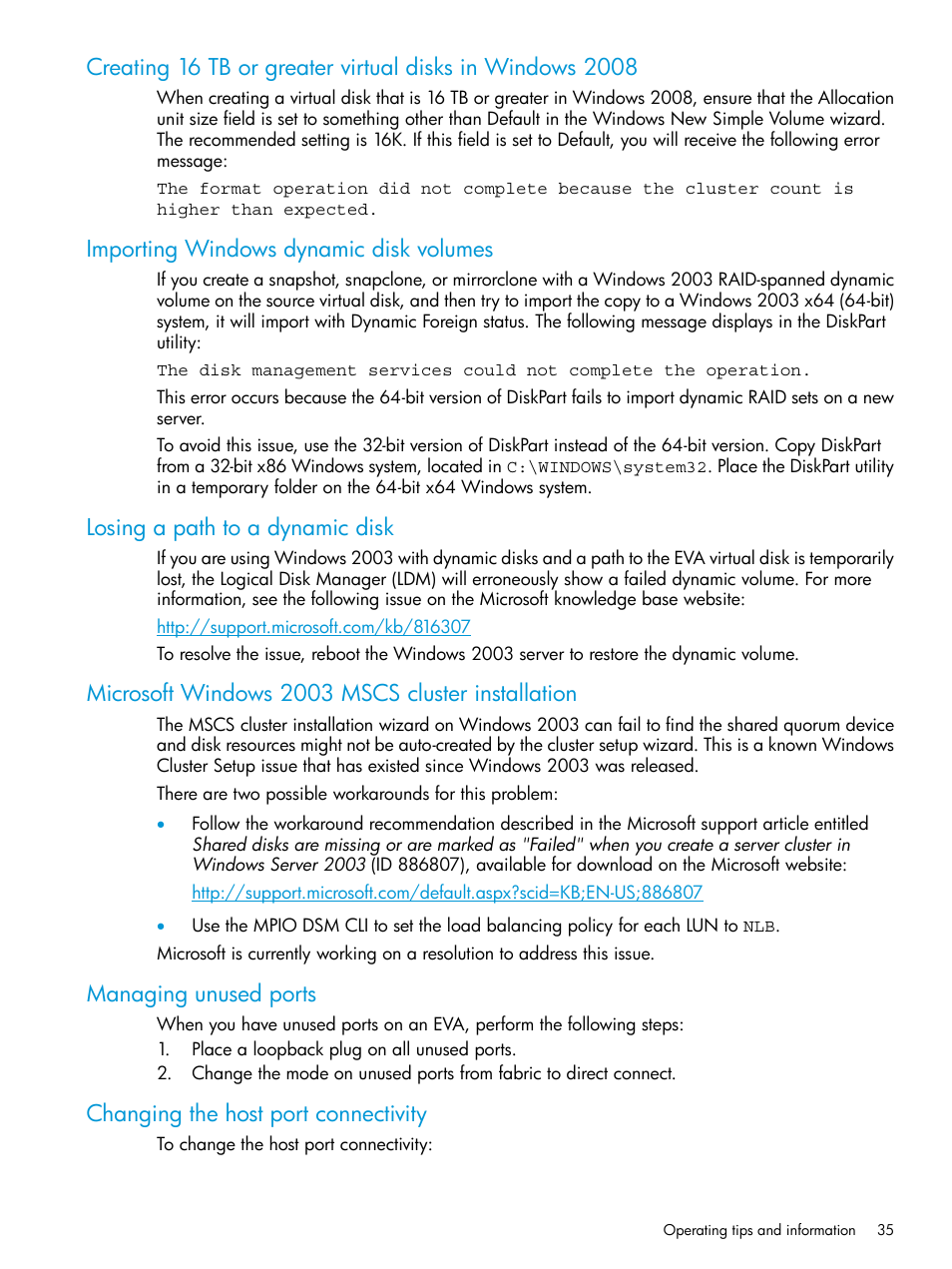 Importing windows dynamic disk volumes, Losing a path to a dynamic disk, Microsoft windows 2003 mscs cluster installation | Managing unused ports, Changing the host port connectivity | HP 6400.8400 Enterprise Virtual Array User Manual | Page 35 / 150