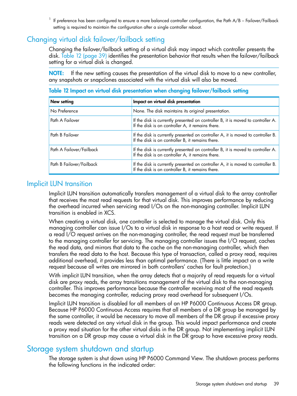 Changing virtual disk failover/failback setting, Implicit lun transition, Storage system shutdown and startup | HP 6400.8400 Enterprise Virtual Array User Manual | Page 39 / 150