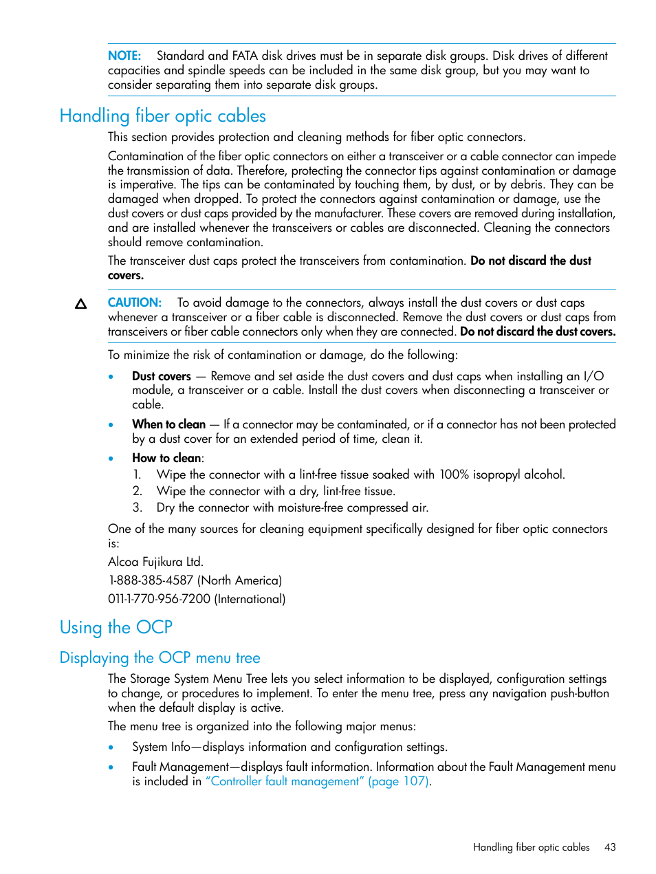 Handling fiber optic cables, Using the ocp, Displaying the ocp menu tree | Handling fiber optic cables using the ocp | HP 6400.8400 Enterprise Virtual Array User Manual | Page 43 / 150