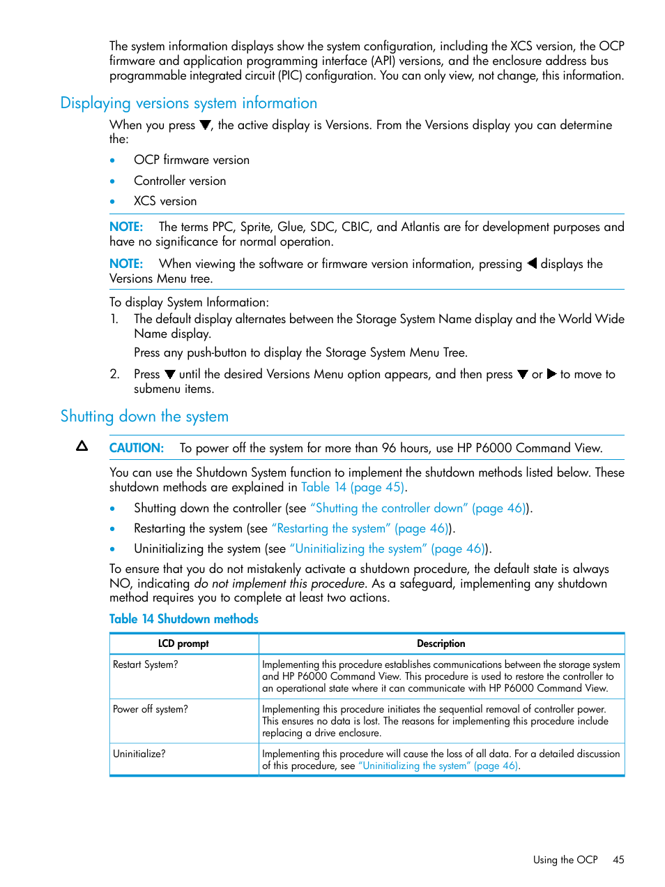 Displaying versions system information, Shutting down the system | HP 6400.8400 Enterprise Virtual Array User Manual | Page 45 / 150