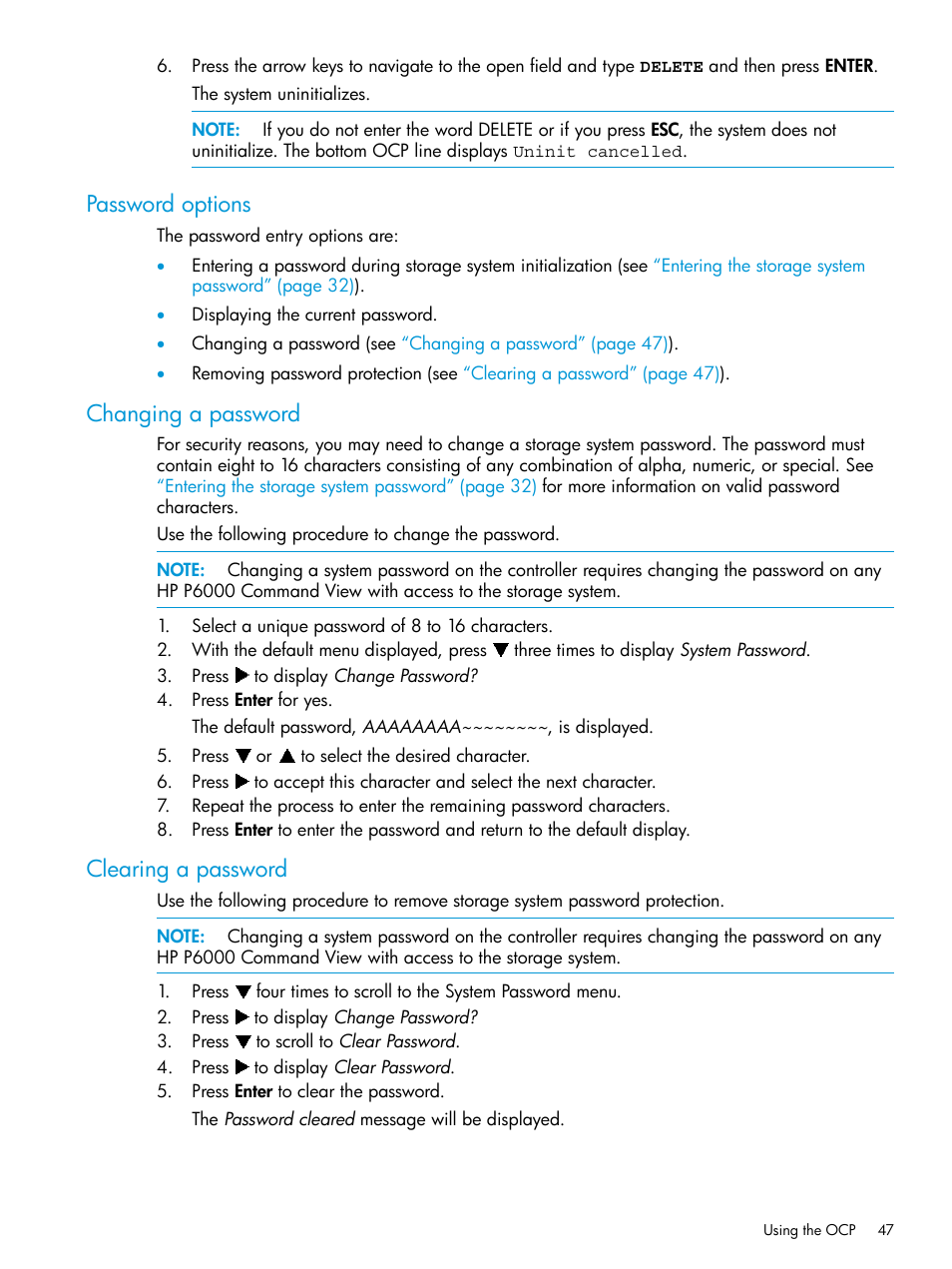 Password options, Changing a password, Clearing a password | HP 6400.8400 Enterprise Virtual Array User Manual | Page 47 / 150