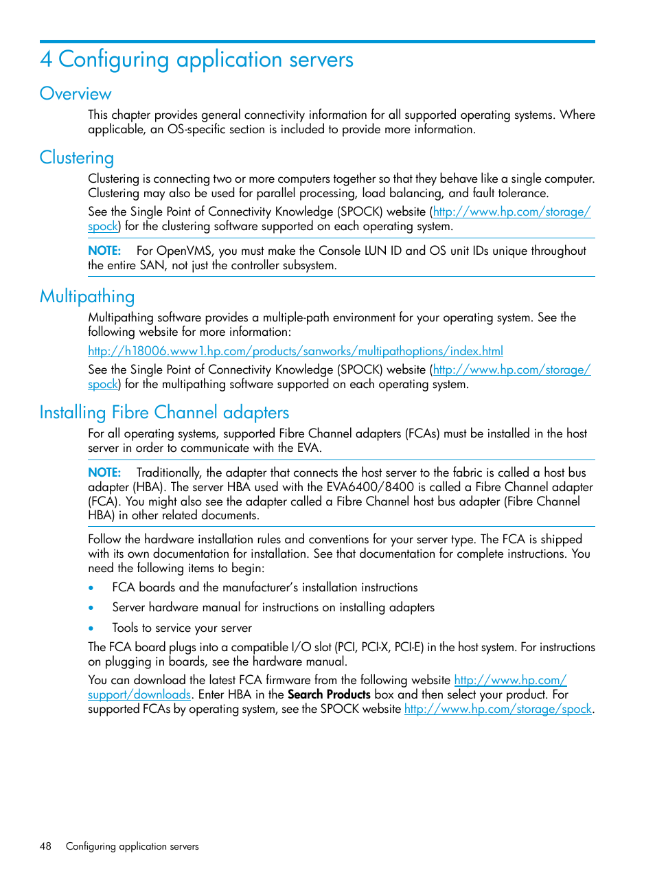 4 configuring application servers, Overview, Clustering | Multipathing, Installing fibre channel adapters | HP 6400.8400 Enterprise Virtual Array User Manual | Page 48 / 150