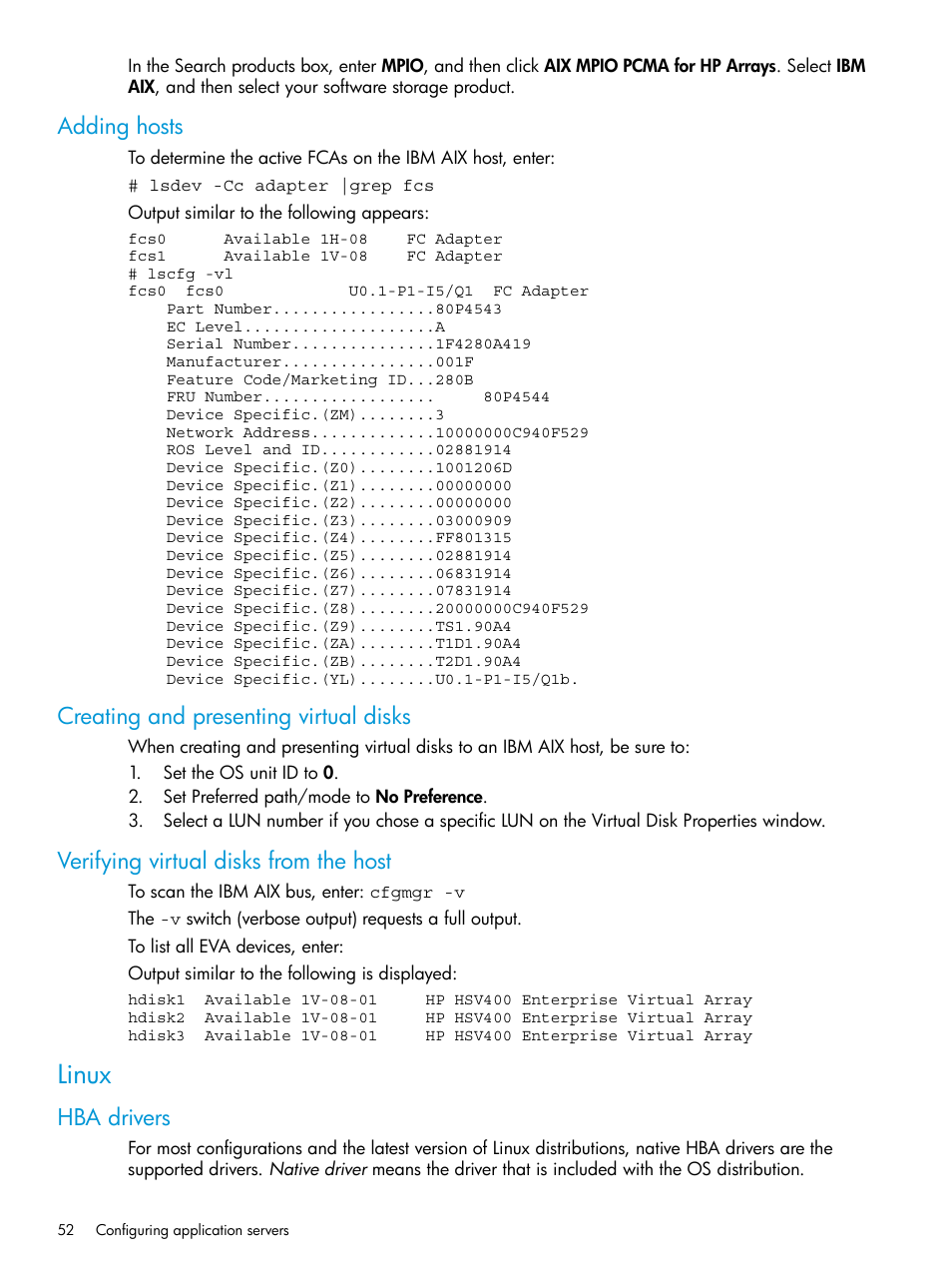 Adding hosts, Creating and presenting virtual disks, Verifying virtual disks from the host | Linux, Hba drivers | HP 6400.8400 Enterprise Virtual Array User Manual | Page 52 / 150
