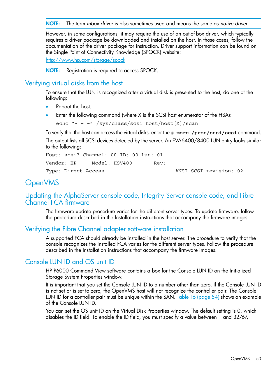 Verifying virtual disks from the host, Openvms, Console lun id and os unit id | HP 6400.8400 Enterprise Virtual Array User Manual | Page 53 / 150
