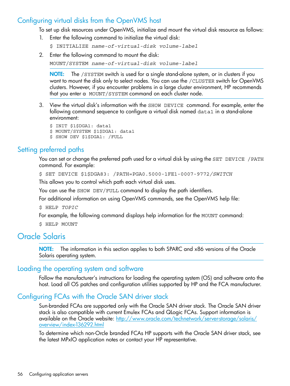 Configuring virtual disks from the openvms host, Setting preferred paths, Oracle solaris | Loading the operating system and software, Configuring fcas with the oracle san driver stack | HP 6400.8400 Enterprise Virtual Array User Manual | Page 56 / 150