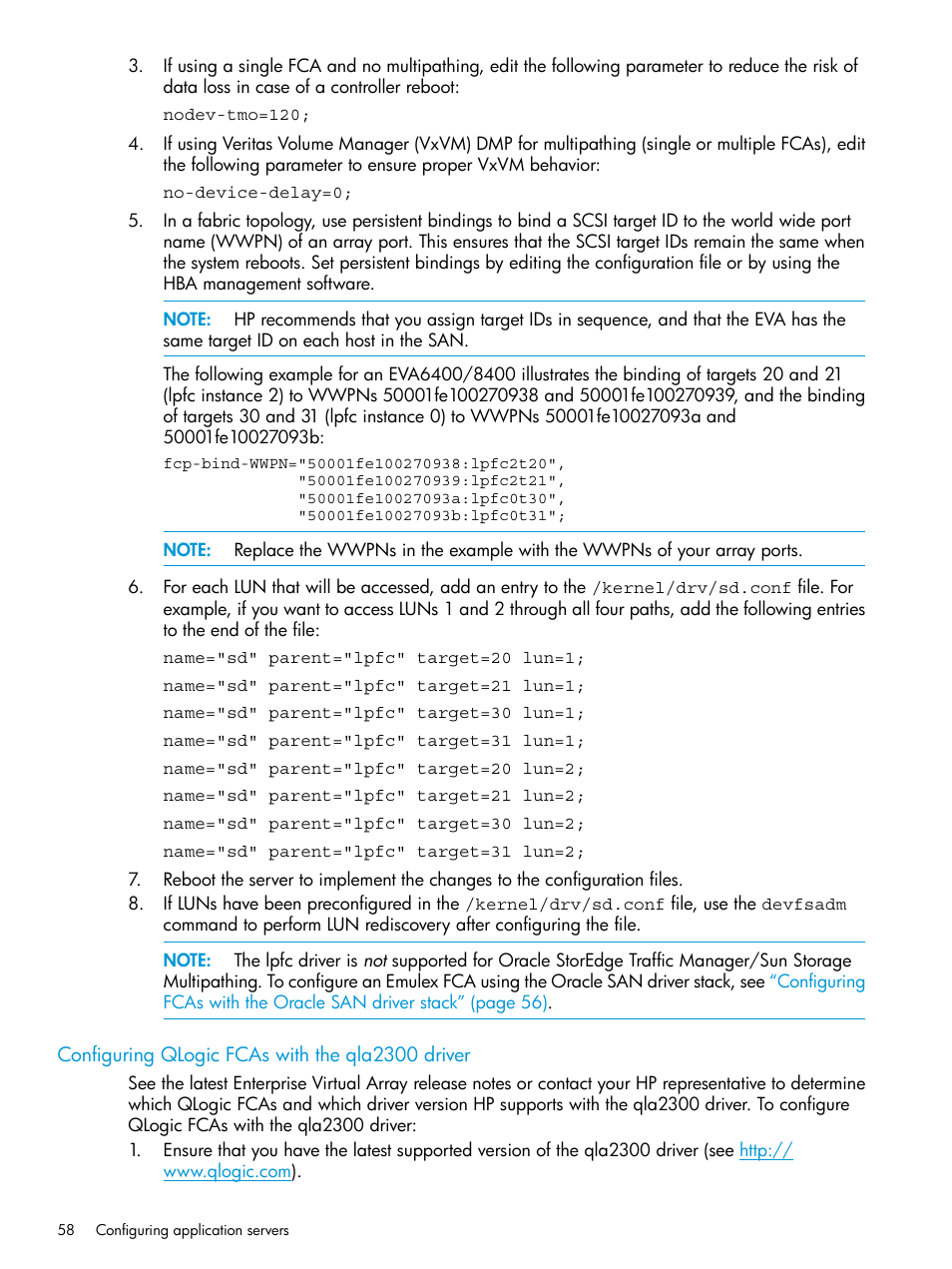 Configuring qlogic fcas with the qla2300 driver | HP 6400.8400 Enterprise Virtual Array User Manual | Page 58 / 150