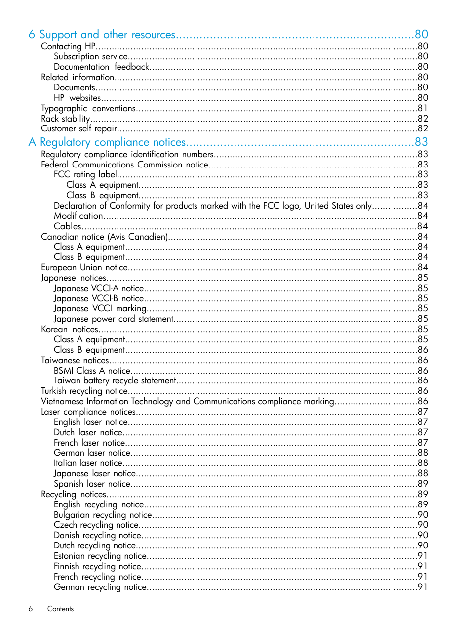 6 support and other resources, A regulatory compliance notices | HP 6400.8400 Enterprise Virtual Array User Manual | Page 6 / 150