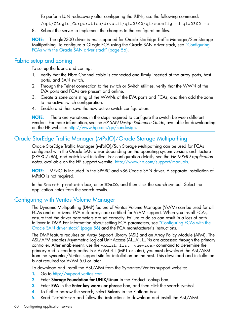 Fabric setup and zoning, Configuring with veritas volume manager | HP 6400.8400 Enterprise Virtual Array User Manual | Page 60 / 150