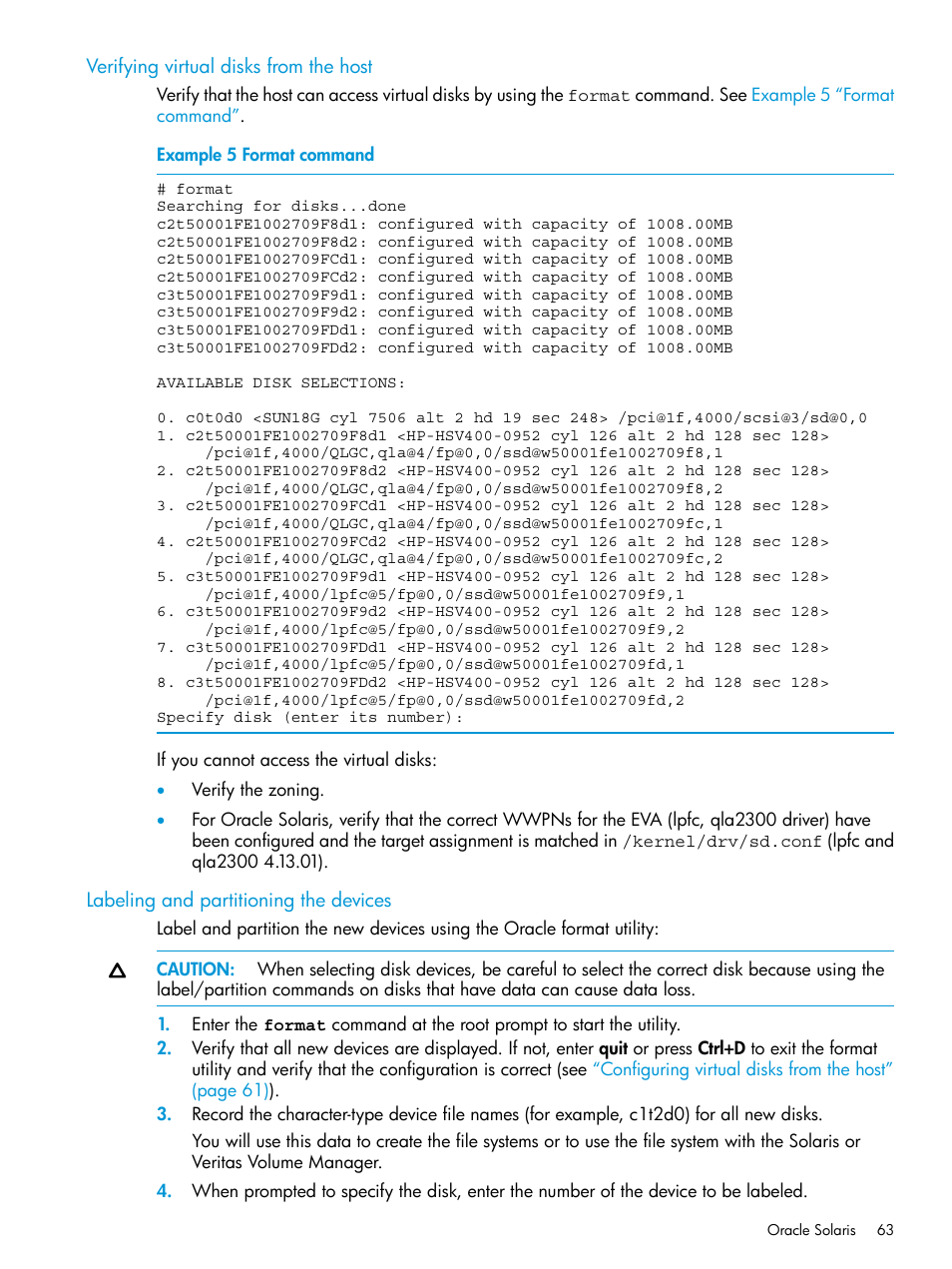 Verifying virtual disks from the host, Labeling and partitioning the devices | HP 6400.8400 Enterprise Virtual Array User Manual | Page 63 / 150