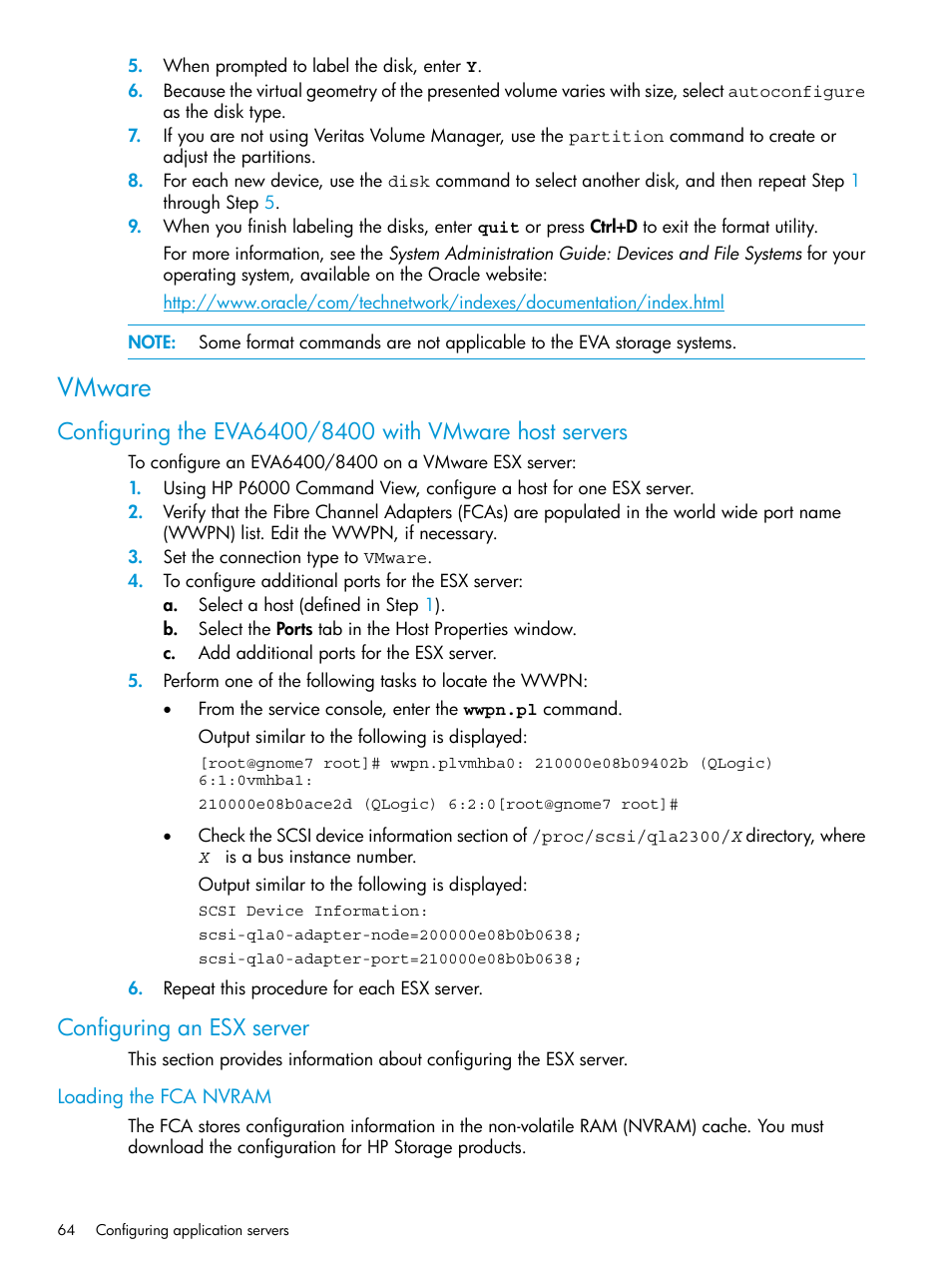 Vmware, Configuring an esx server, Loading the fca nvram | HP 6400.8400 Enterprise Virtual Array User Manual | Page 64 / 150