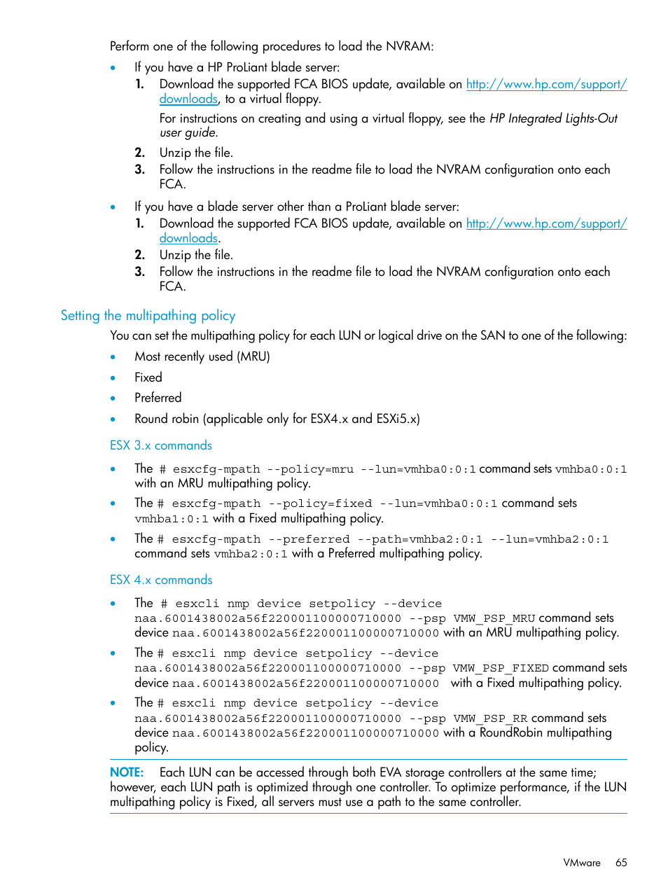 Setting the multipathing policy | HP 6400.8400 Enterprise Virtual Array User Manual | Page 65 / 150