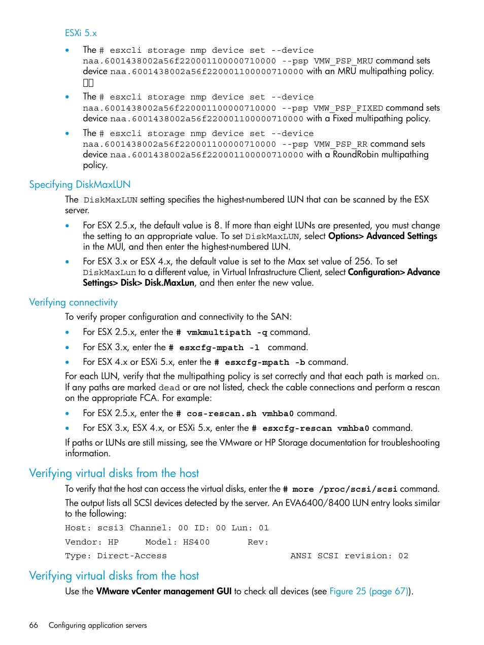 Specifying diskmaxlun, Verifying connectivity, Verifying virtual disks from the host | Specifying diskmaxlun verifying connectivity | HP 6400.8400 Enterprise Virtual Array User Manual | Page 66 / 150