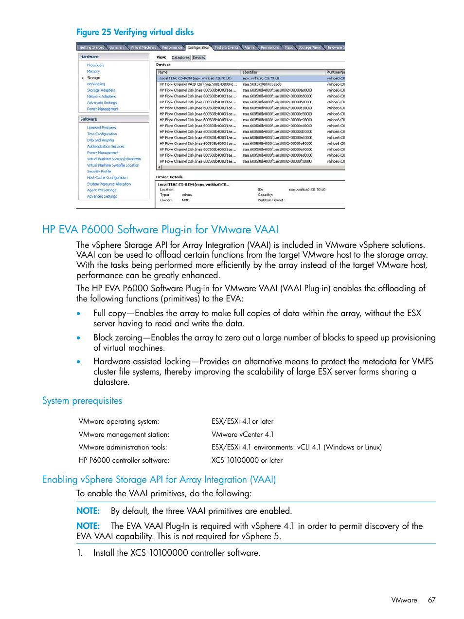 Hp eva p6000 software plug-in for vmware vaai, System prerequisites | HP 6400.8400 Enterprise Virtual Array User Manual | Page 67 / 150