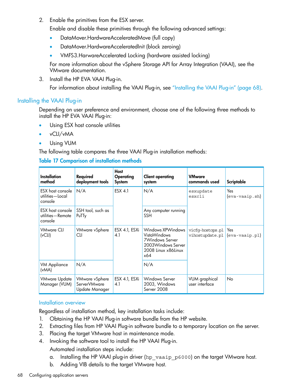 Installing the vaai plug-in, Installation overview | HP 6400.8400 Enterprise Virtual Array User Manual | Page 68 / 150